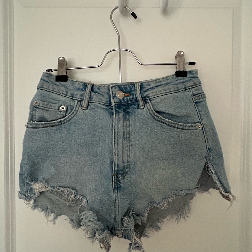 Zara Blue Jean Shorts High-Waisted Frayed Hem